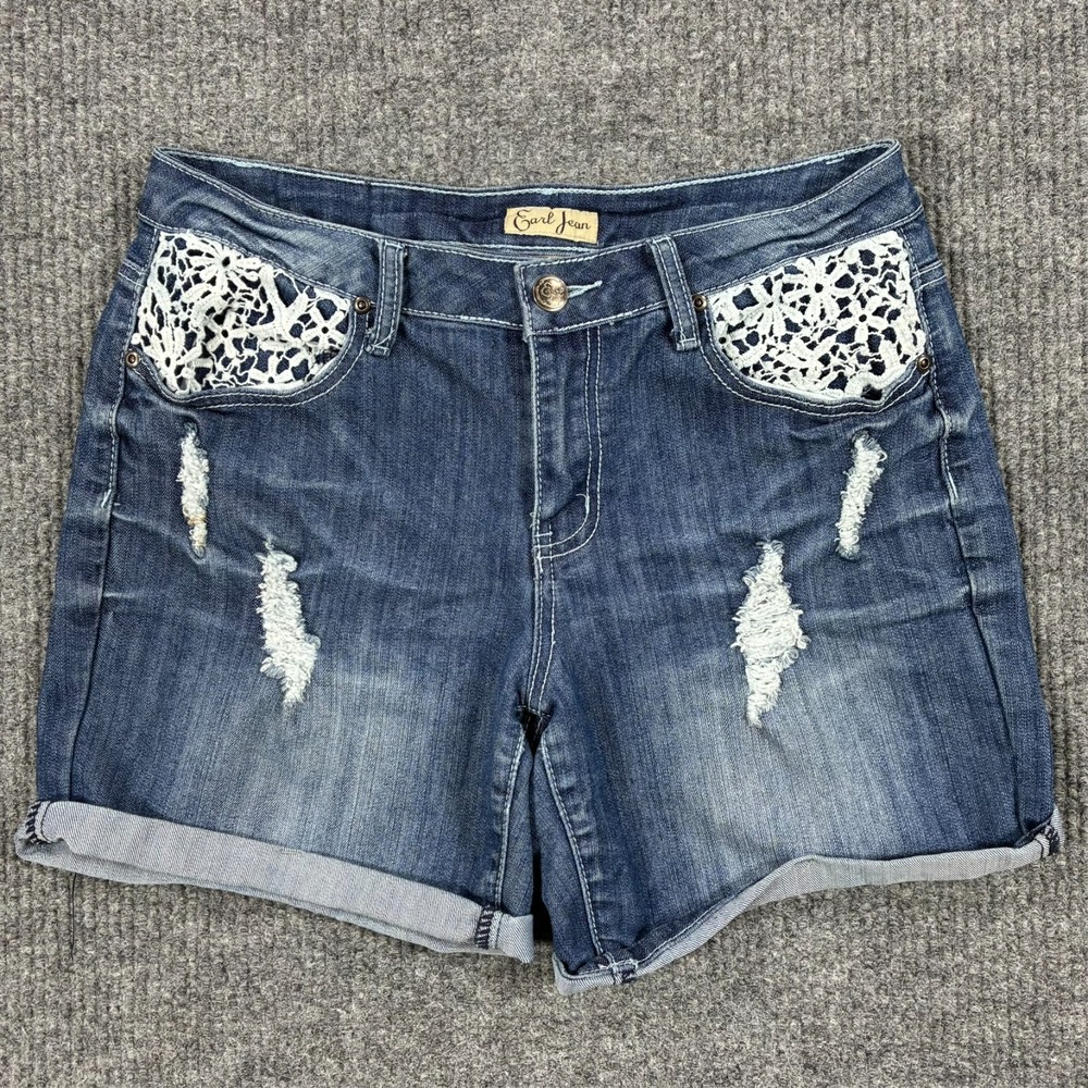 Earl Jean Womens Size 8 Denim Shorts Lace Crochet Distressed Cuffed Y2K